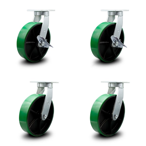 Service Caster 10 Inch Heavy Duty Green Poly on Cast Iron Caster Swivel Locks 2 Brakes, 4PK SCC-KP92S1030-PUR-GB-SLB-BSL-2-BSL-2 - main